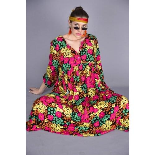 Daisy Pattern Three-Button Long Plus Size Boho Dress 2021 New Fashion Authentic Clothing For Women 2 Color Options