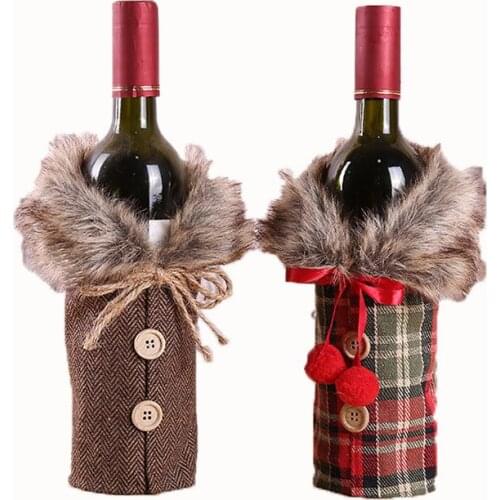 2Pcs Christmas Sweater Wine Bottle Cover, Newest Collar and Button Coat Design Wine Bottle Sweater Wine Bottle Dress Sets Xmas