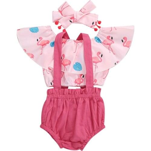 Lovely Toddler Infant Baby Girls Clothes Set Flamingo Printed Ruffle Sleeve Tops Overall Shorts Headband Cotton Outfits
