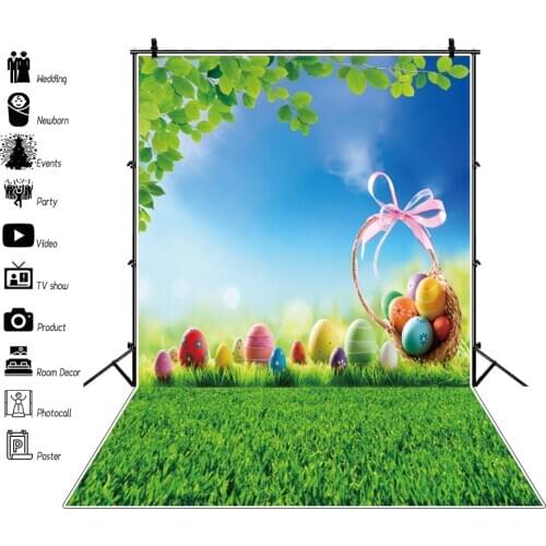 Laeacco Blue Sky Green Leaves Grassland Easter Eggs Basket Baby Newborn Spring Portrait Photography Backdrops Photo Backgrounds