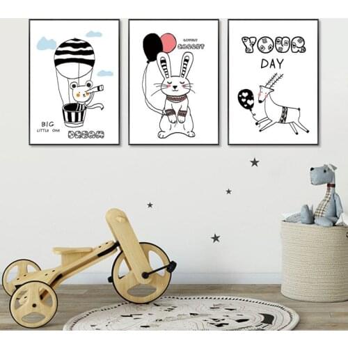 Cartoon Rabbit Bear Balloon Wall Art Poster Baby Nursery Canvas Painting Nordic Black White Decoration Picture Kid Bedroom Decor