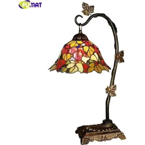 FUMAT Tiffany Grape Dragonfly Grapevine Table Lamp Rose Barock Stained Glass Desk Light Home Decor Handcraft Art Nordic Lighting