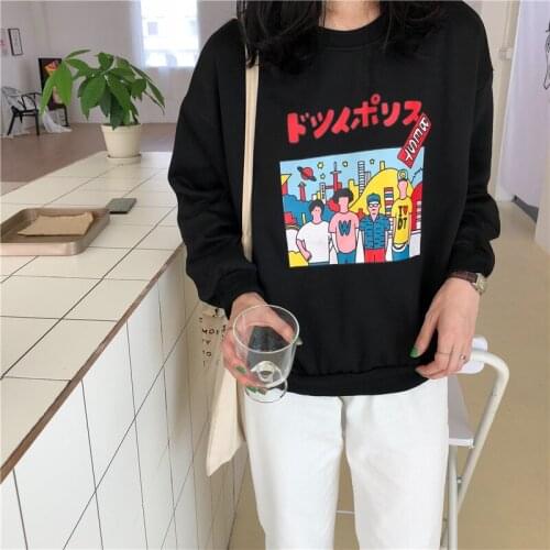 2019 Winter Autumn New Harajuku Funny Cartoon Tracksuit for Women Pullover Fleece Hoodies Loose Female Sweatshirt Army Green 2XL