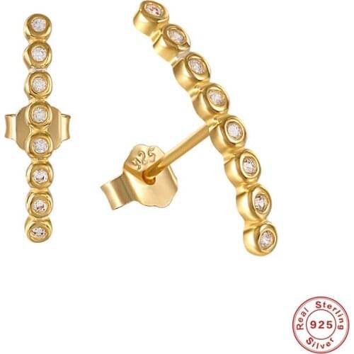 Single Row Round Small Stone Earrings 925 Sterling Silver Stud Earrings For Women Vintage Gold/Silver Color Minimalist Earrings