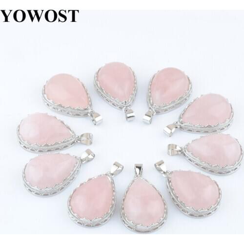 Wholesale 10Pcs/Lot Women Dangle Natural Stones Drop Shape Rose Quartzs Beads Pendulum Pendants For Necklace Jewelry QN3714