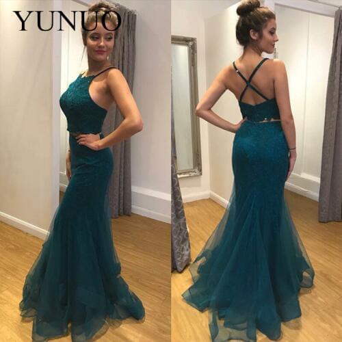 Two Piece Prom Dress Long Mermaid Dress Prom Sexy Spaghetti Strap Evening Gowns Organza Lace 2019