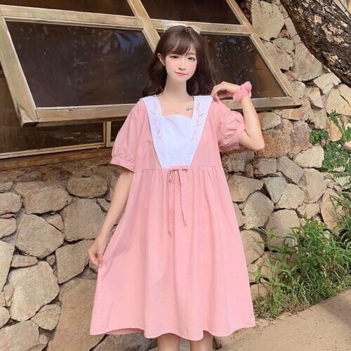 Japanese Sweet lolita dress Sailor Collar Embroidered Bow Stitching Loose Waist Short-Sleeved Expandable Dress Female Summer