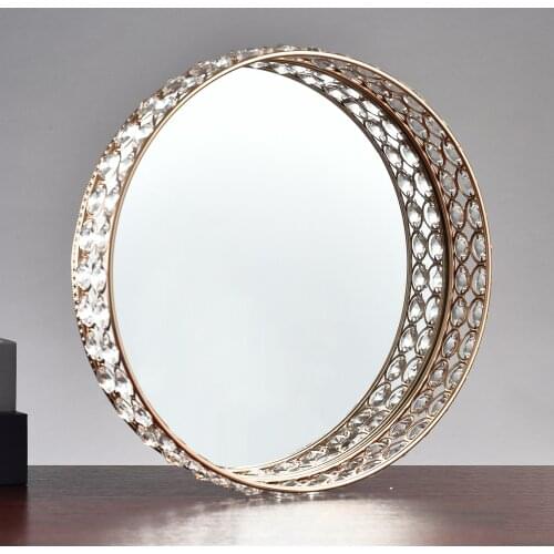 Crystal Mirrored Cosmetic Tray Organiser Metal Decorative Round Tray Holder For Perfume Shower Gel Cosmetics Makeup Storage