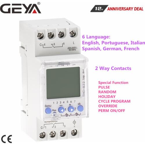 GEYA THC-822 Conversational Programmable Timer 2Channel Changeover Contacts Digital Timer Switch with Battery 16A 220V 110V