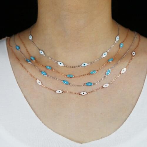 Rhodium Rose gold plated 100% 925 sterling silver white green enamel tiny Turkish evil eye charm silver women choker necklace