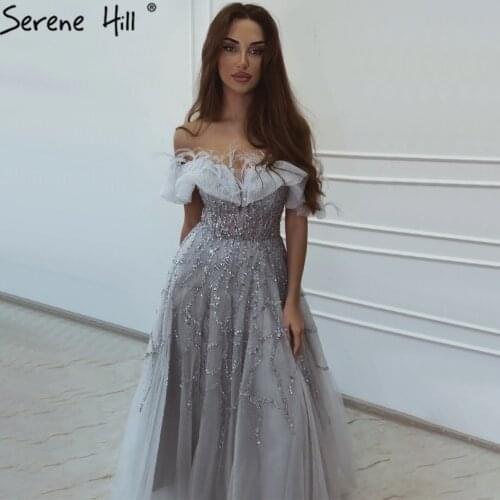 Serene Hill Gold Luxury Beaded Feathers A-Line Evening Gown 2021 Sexy Off Shoulder For Women Formal Party Dress CLA71328