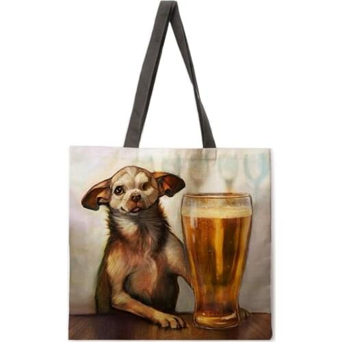 Folding shopping bag oil painting dog lady shoulder bag female leisure handbag outdoor beach bag female tote bag