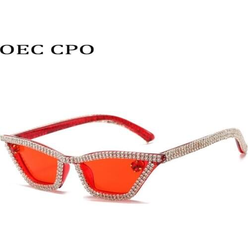 OEC CPO Fashion Women Diamond Sunglasses Vintage Small Rhinestone Cat eye Sunglasses Female Crystal Red Glasses Eyewear O726