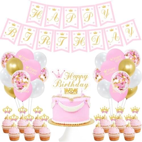 Princess Birthday Decoration Theme Girl Birthday Party Decor Banner With Pink Balloons Suit Queen Crown Cake Topper