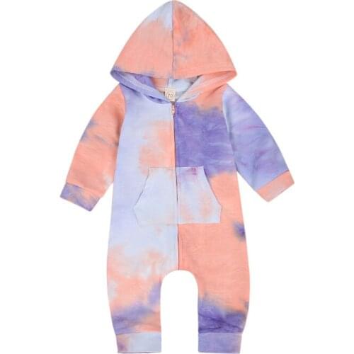 Spring Autumn Clothing Newborn Infant Baby Boys Girls Tie Dye Patchwork Long Sleeve Hooded Zipper Pockets Romper Jumpsuits