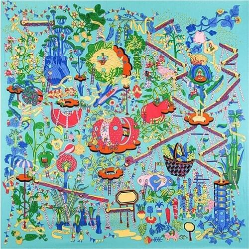 Spring Series Fashion 100% Silk Magic Farm Pattern Lady Imitation Twill Square Scarf Blanket Shawls Square Throw Blanket