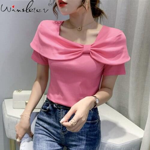 Summer 2021 Cotton T-shirt Women Solid Square Collar Big Bow Slim Stretchy Cute Casual Tops Tees Short Sleeve T17615A