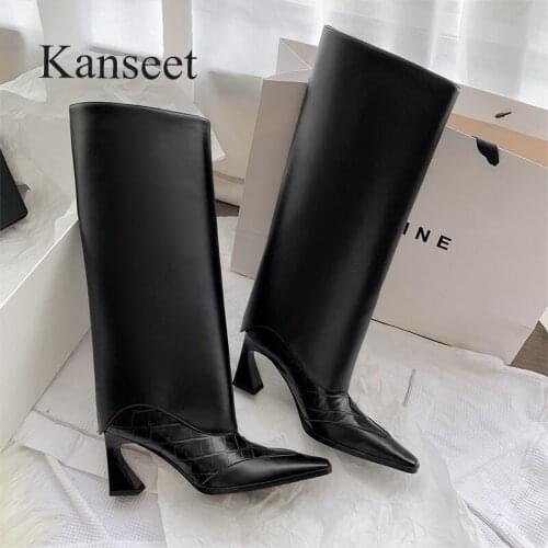 Kanseet 2021 Autumn Winter Fashion Women Knee-High Boots Square Toe High Heels Handmade Warm Slim Female Long Boots Big Size 40