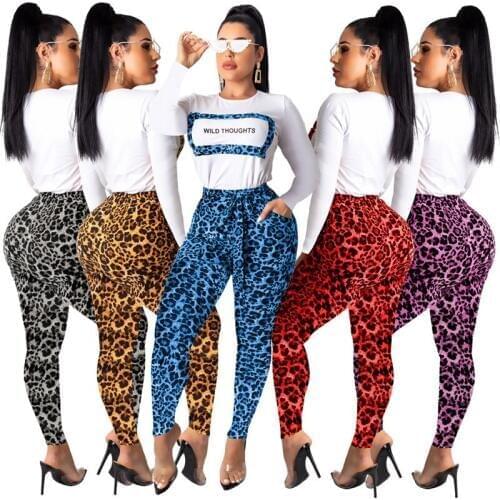 Women 2 Pcs Set Sexy Leopard Letter Print Long Sleeve Casual T-Shirt Suits O-Neck Street Long Pencil Pants Sportwear Tracksuit
