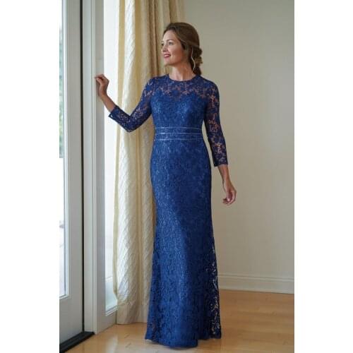 Blue Mermaid Jasmine Mother of The Bride Dress Jewel Neck Long Sleeve Applique Wedding Guest Dresss Floor Length Evening Gown