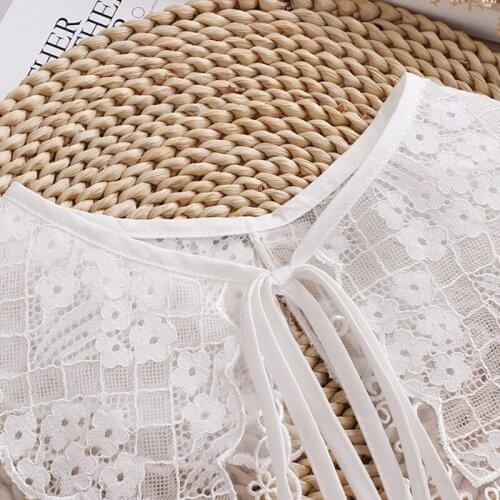 Women Ribbon Bow Fake Collar Hollow Out Lapel Shawl Embroidery Poncho Capelet F3MF