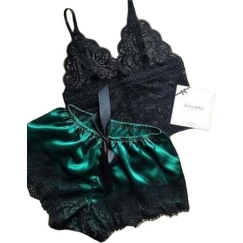 2021 Sexy Silk Satin Lingerie Lady Pajamas 2PC Set Sexy V-Neck Sleeveless Nightwear Women Underwear Crop Tops Bra+Shorts Sets