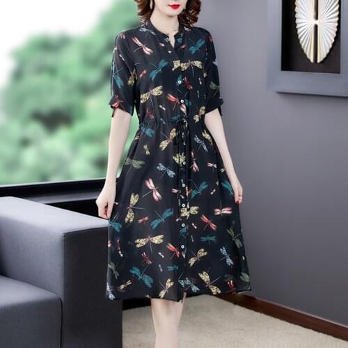 Women Vintage Black Floral 4XL Plus Size Midi Dress 2021 Summer Casual Print Mulberry Silk Dress Elegant Bodycon Party Vestidos