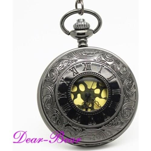 1001B)Wholesale Victorian Jet Black Roman Numeral Pocket Watch with Velvet Leather, 12pc/lot