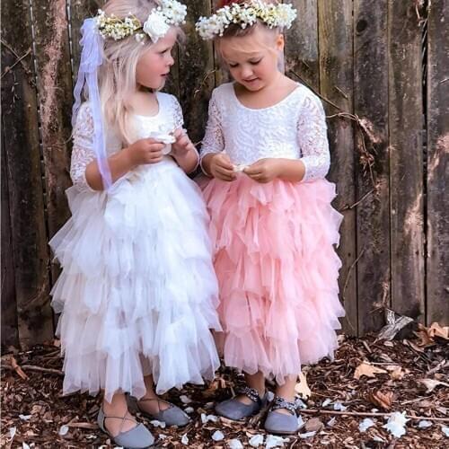 2020 Lace Girls Dress Long Sleeves Dress Layered Prom Gown For Girls Wedding Party Unicorn Red Children Clothing Vestido 1-5Y