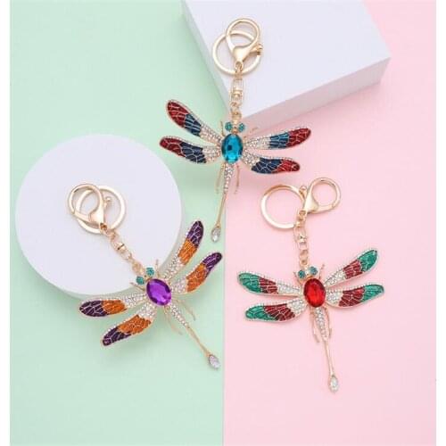 2021 New Arrive Colorful Blue Dragonfly Crystal Keychain Animal Charm Women Girls Keyring Key Chain Rhinestone Jewelry Wholesale