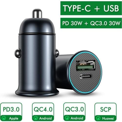 60W Car Charger QC3.0 Dual USB Type C PD 3.0 Fast Charging Metal Car Cigarette Lighter Charger 3A For iPhone 12 Xiaomi Samsung