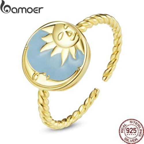 Bamoer Myth Gold 925 Sterling Silver Open Ring Splendid Sun Moon Ring Unique Hexagram Six-pointed Star Ring Adjustable Anillo