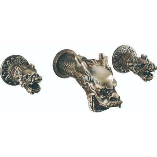 Free ship Antique brass dragon Design widespread bathroom Lavatory sink Faucet wall mounted unique luxury mixer tap