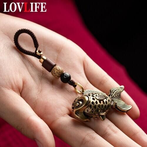 Retro Brass Lucky Fish Lanyard Pendant Hanging Jewelry Handmade Woven Rope Key Chains Charms Car Keychains Pendants for Necklace