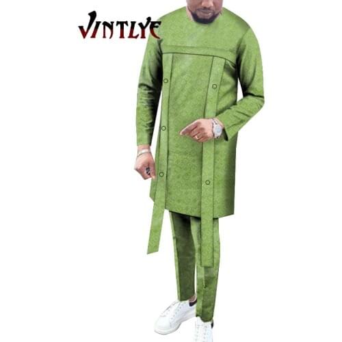 African Mens Suits Agbada Bazin Riche Printed Top and Pants 2 Piece of Sets Africa Style Clothing Decoration Belt Solid WYN1418