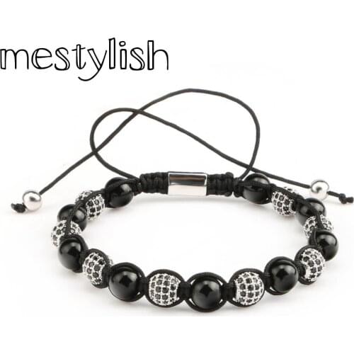 Mestylish Fashion Round CZ Ball Connector & 8MM Round Nature Onyx Bracelets & Bangles Braided Macrame Men Bracelets Jewelry