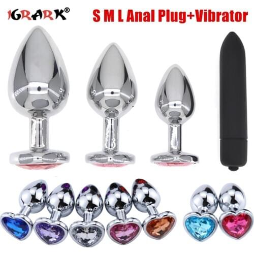 Metal Anal Plug Mini Vibrator Romantic Heart Crystal Base Mooth Butt Plug Anus Dilator Adult Anal Sex Toys for Couples Women Men