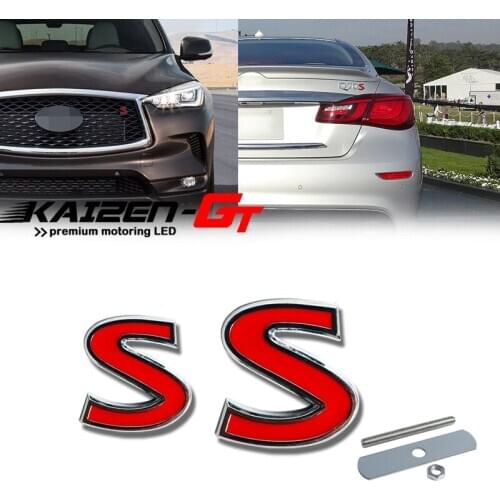 2PCS 3D Metal Red S Letter Logo Car Front Grill Badge w/Bolt & Rear Trunk Lid Fender Badge Sticker For Infiniti Q50 Q60 Q70 etc