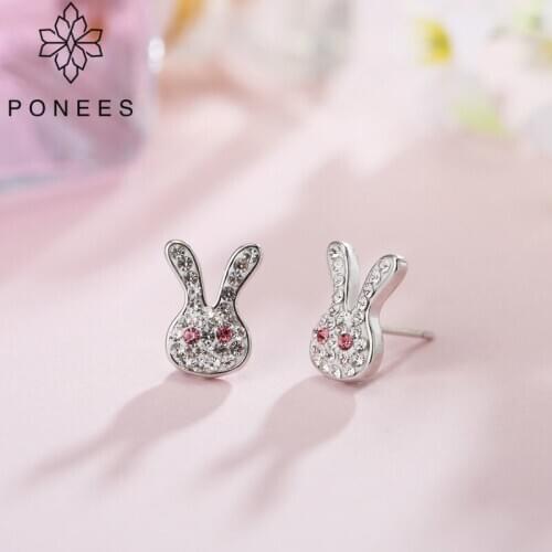 PONEES Fashion Plata White Crystal Rabbit Stud Earrings Jewelry For Women Girls Best Gift