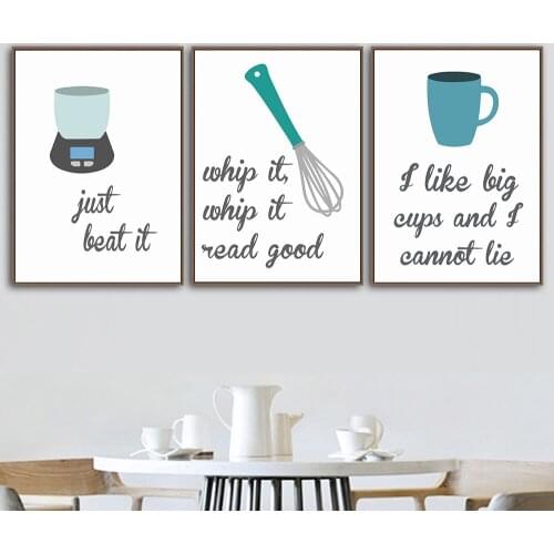 Cartoon Kitchenware Art Painting Canvas Posters And Prints Cup Boiling Kettle Egg Whisk Spatula Wall Art Picture For Dining Roo