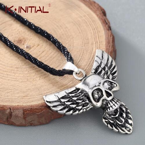 Kinitial Gothic Skull Cross Pendant Necklace Punk Wing Skeleton Head Necklaces for men women Fashion Rope Chain Jewelry Gift