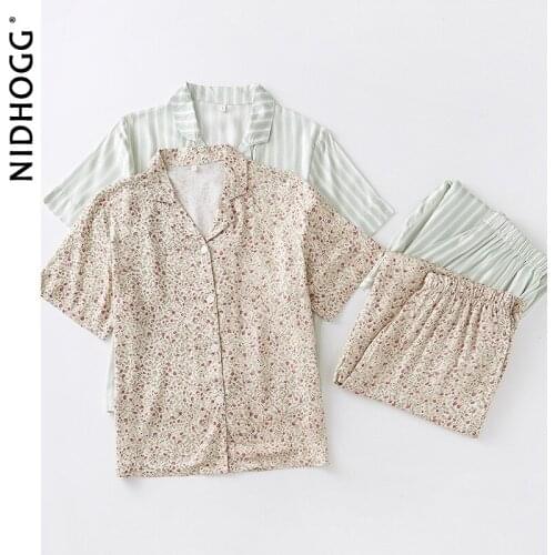 Summer Simple Pijamas Women Short Sleeve Pajamas Viscose Print Lapel Sleepwear Two Piece Satin Sexy Nightwear Floral Lounge Wear
