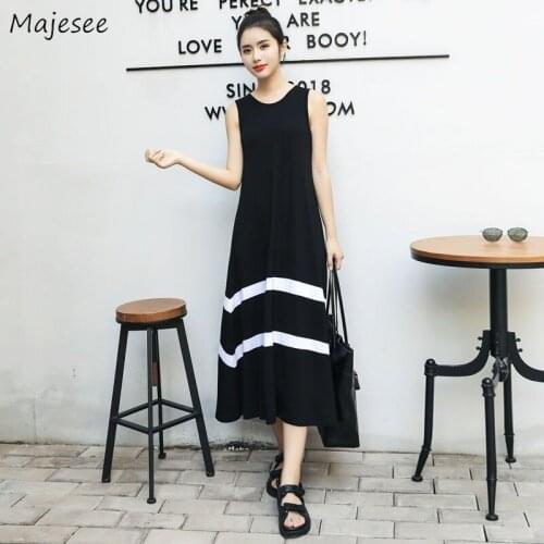 Sleeveless Dress Women Striped O-neck Plus Size 3XL Baggy Korean Style Casual Students Streetwear Daily Elastic All-match Loose