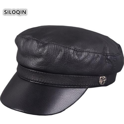 SILOQIN Mens Flat Cap Genuine Leather Hat Woman Winter Keep Warm Quality Sheep Skin Military Hats Leisure Tourism Snapback Caps