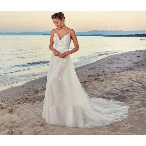 Beach Wedding Dresses A-line Spaghetti Straps Tulle Appliques Backless Dubai Arabic Wedding Gown Bridal Dress Vestido De Noiva