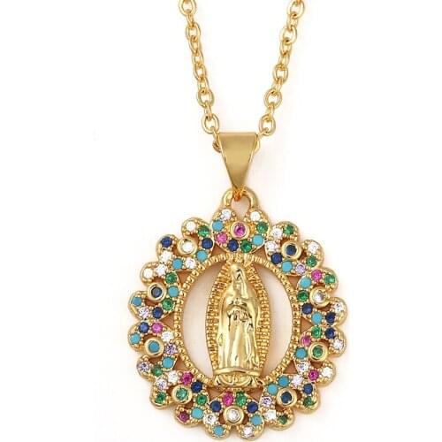 YiJia Gold Color Blessed Virgin Mary Necklaces for Women Men Cubic Zirconia Mother of God Pendant Jewelry for Worship