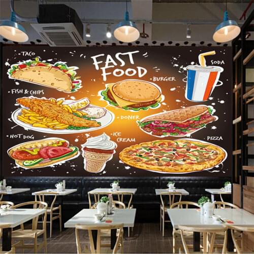 Hand Drawn Popular Fast Food Wallpaper 3D Taco Fish and Chips Burger Doner Kebab Pizza Ice Cream and A Soda Drink Wall Paper 3D