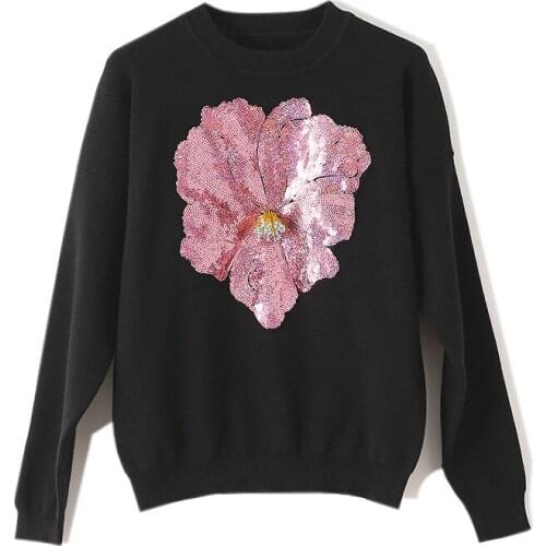 Luxury O-neck Knitted Pullover Fashion Womens Jumpers Flowers Sequined Embroidery Ladies Tops Loose Knitting Cotton Sweater
