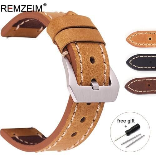 REMZEIM Handmade Thick Real Genuine Leather Watch Strap 20 22 24mm Watch Band Silver Buckle Watches wristband Watchbands