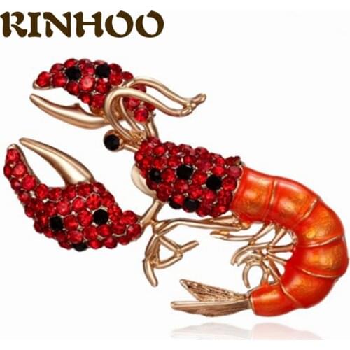 RINHOO Vivid Red Rhinestone Crayfish Lobster Brooch Crystal Enamel Shrimp Ocean Animal Brooches for Women Shirt Lapel Pins